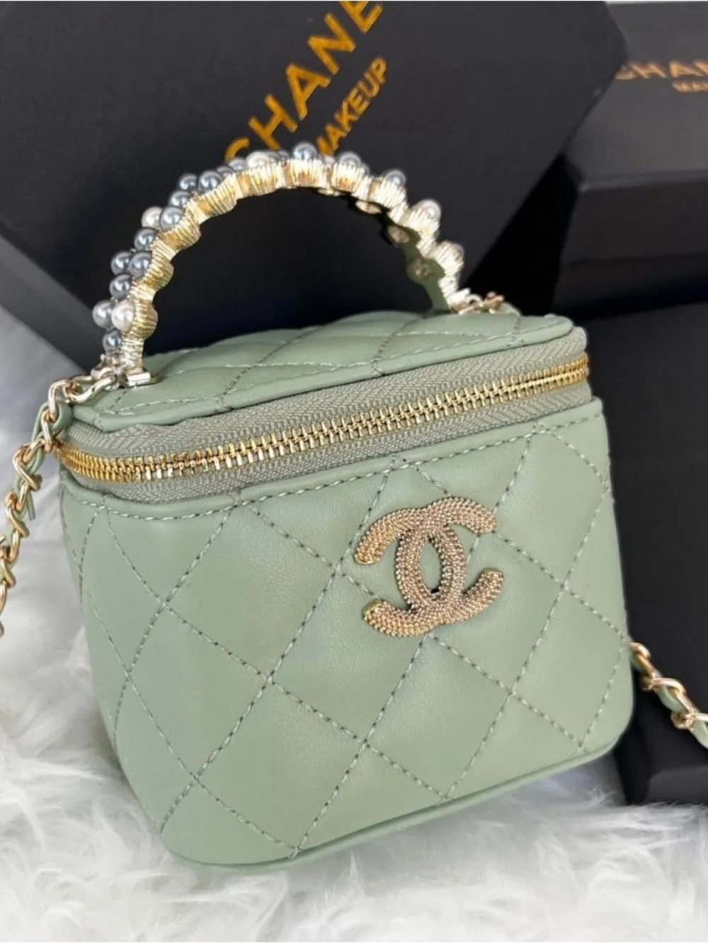 GWP CHANEL Mint Quilted Mini Vanity Bag with Pearl Top Handle